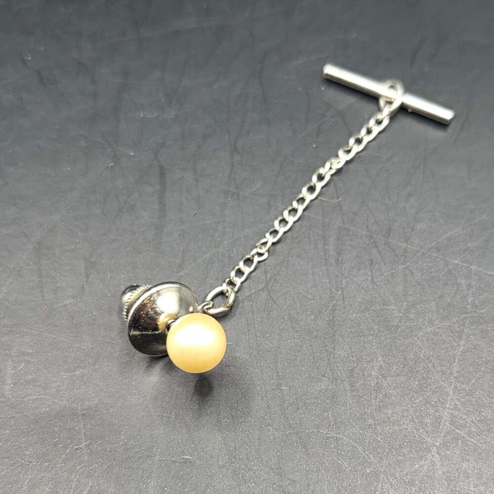 Vintage Faux Pearl Tie Tack with Chain